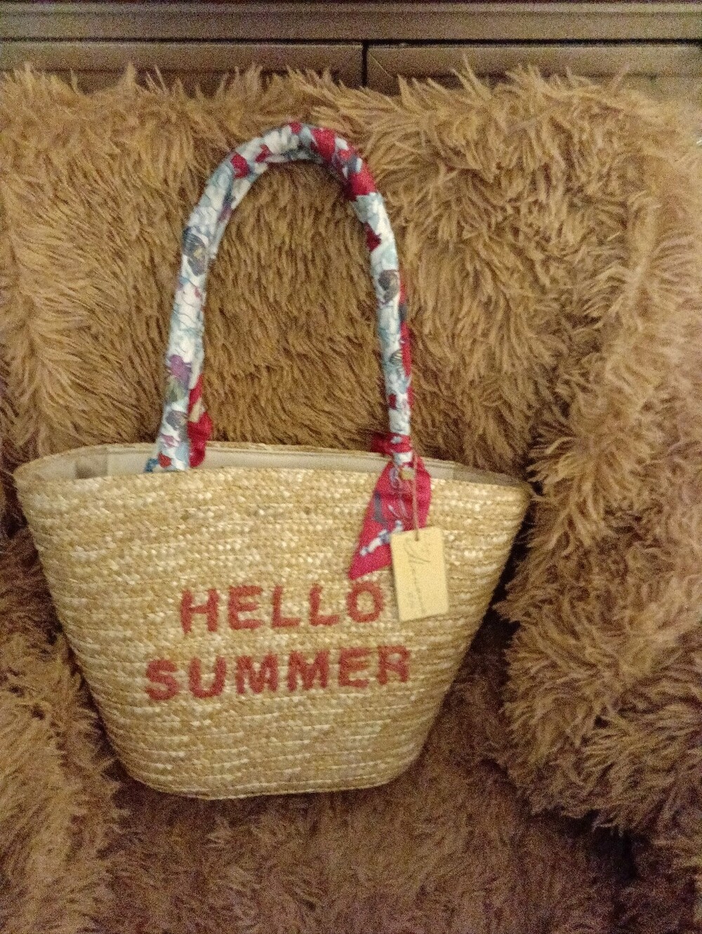 Vintage Havana Straw Tote w/ 'HELLO SUMMER' Script/ Floral-Wrapped Handles NWT - Picture 1 of 4
